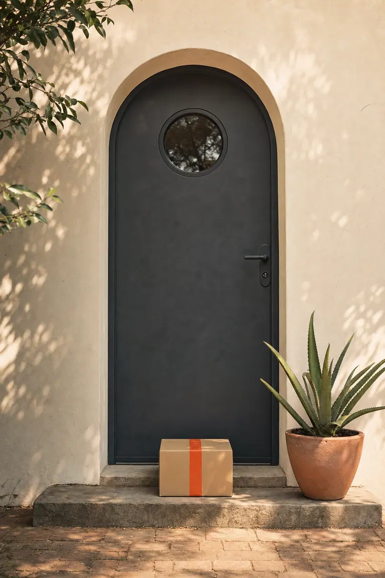 A kraft parcel sealed with orange tape waits on the stone step of a charcoal arched door with a round window, in morning light.