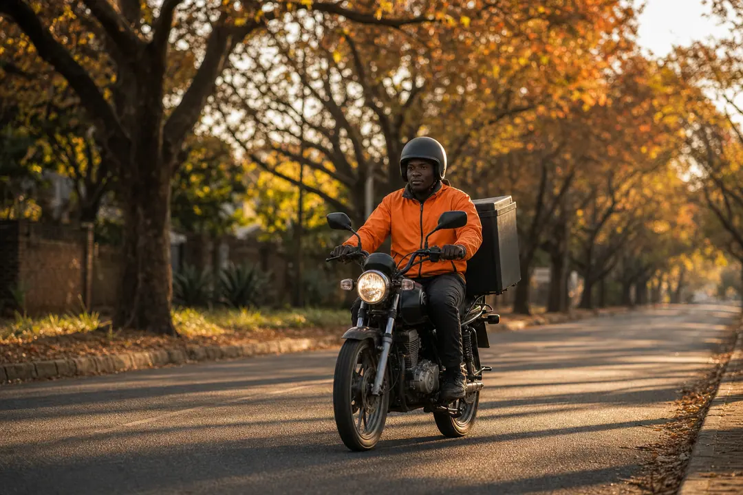 A Doorstep rider in a flame-orange jacket rides a commuter motorbike down a Harare avenue of msasa trees in copper leaf at golden hour, a charcoal delivery box behind the seat.