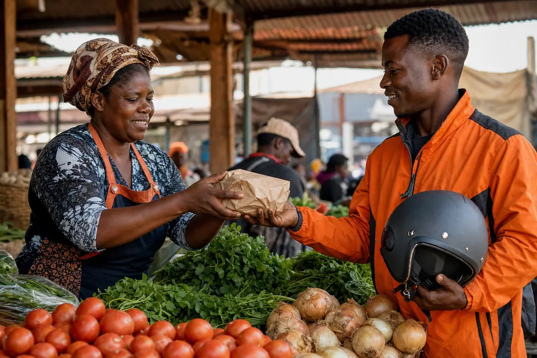 A market trader hands a small kraft parcel across her vegetable stall to a rider in an orange jacket holding his helmet.