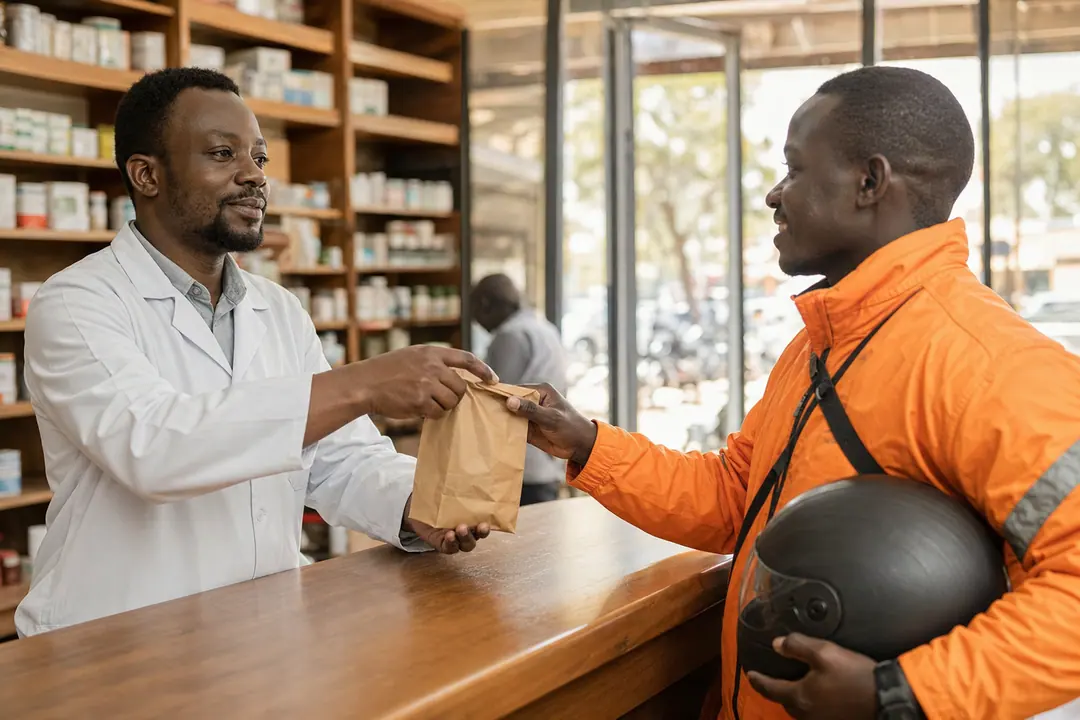 A pharmacist passes a small paper bag across the counter to a rider with his helmet under his arm.