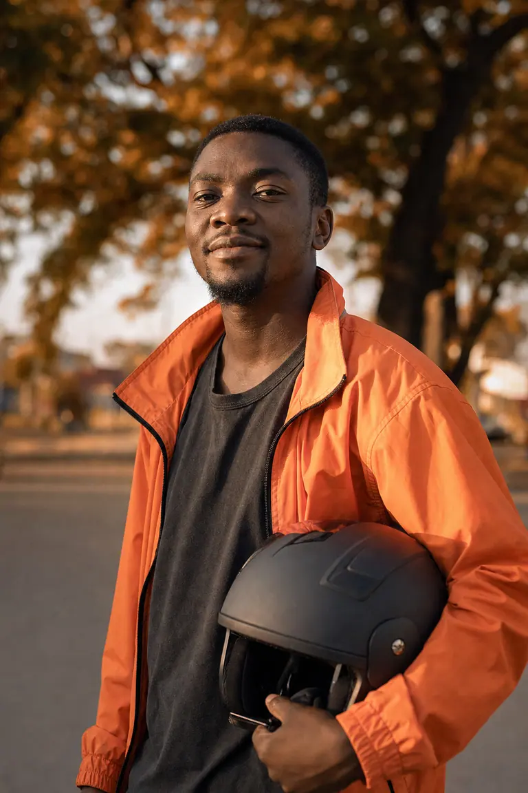 Portrait of a rider in an orange jacket with his charcoal helmet under his arm, msasa trees blurred behind him.